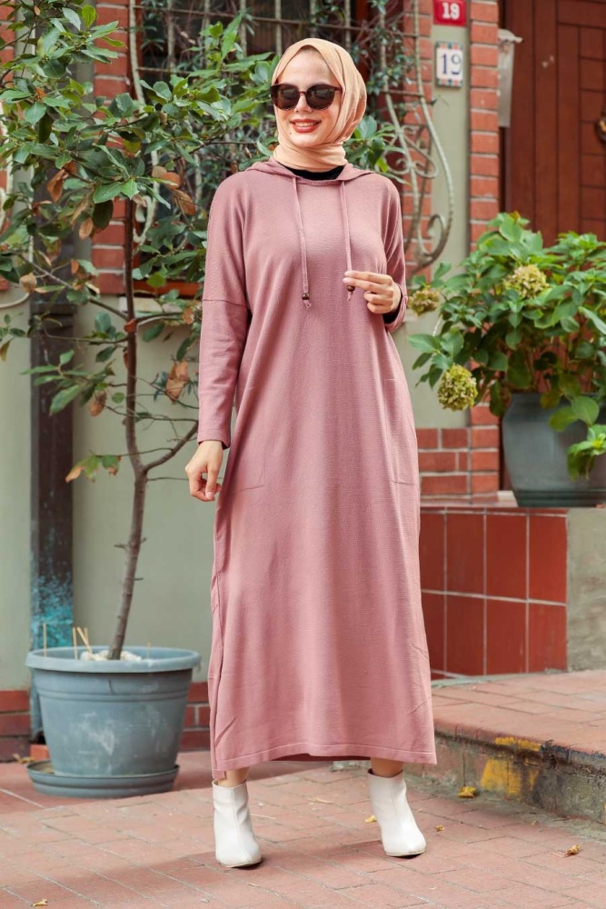 Neva Style - Cepli Gül Kurusu Triko Tesettür Elbise 3121GK - 1
