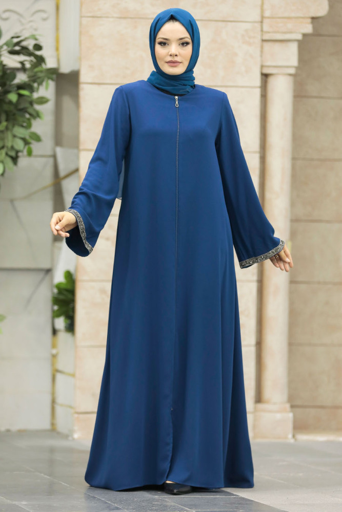 Neva Style - Cepli İndigo Mavisi Tesettür Rabia Krep Ferace 624IM - 3