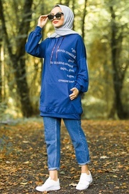 Neva Style - Cepli Kapşonlu İndigo Mavisi Tesettür Sweatshirt 1143IM - Thumbnail