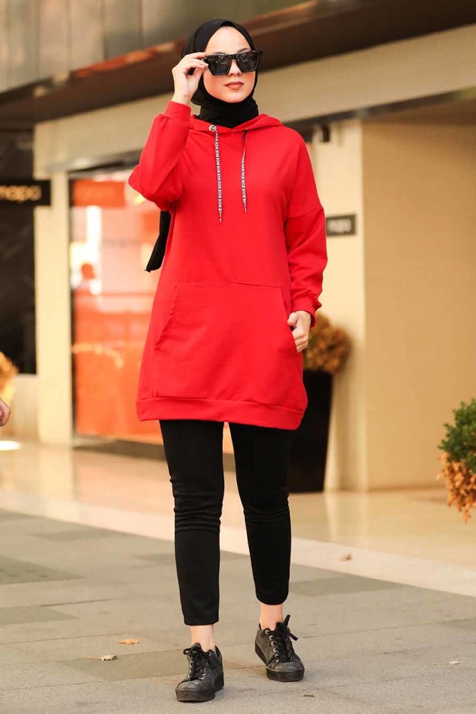 Neva Style - Cepli Kapşonlu Kırmızı Tesettür Sweatshirt 1135K - 1