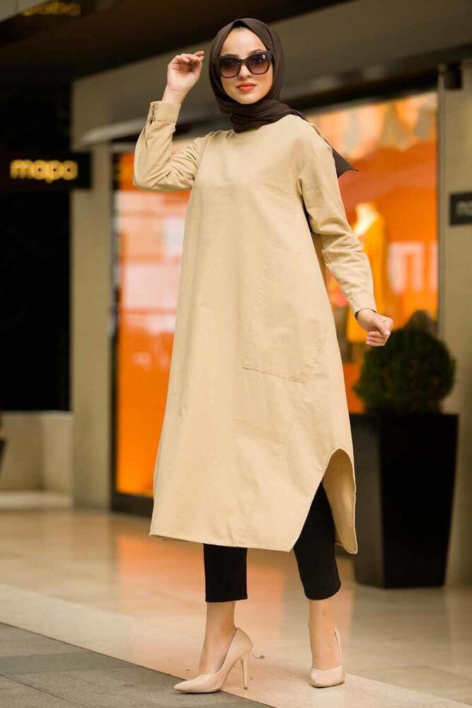 Neva Style - Cepli Keten Bej Tesettür Tunik 1215BEJ - 1