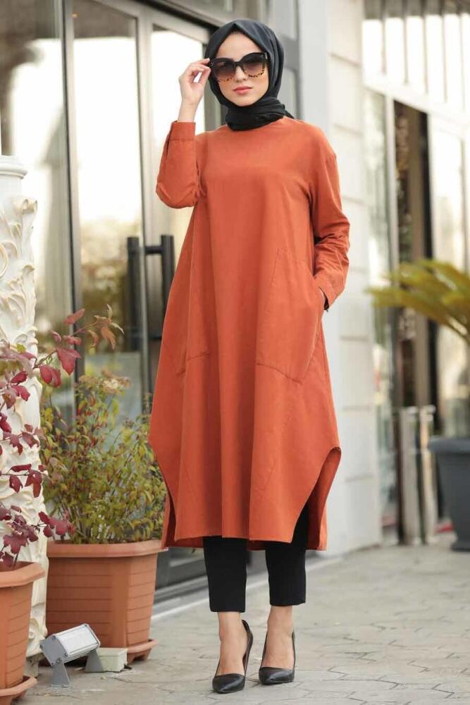 Neva Style - Cepli Keten Taba Tesettür Tunik 1215TB - 1