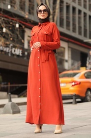 Neva Style - Cepli Kiremit Tesettür Elbise 10049KRMT - Thumbnail