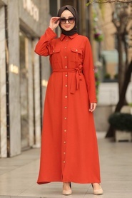 Neva Style - Cepli Kiremit Tesettür Elbise 10049KRMT - Thumbnail