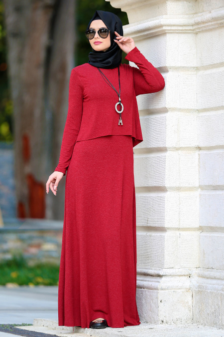 Neva Style - Cepli Kırmızı Tesettür Elbise 31050K