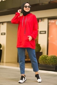 Neva Style - Cepli Kırmızı Tesettür Sweatshirt & Tunik 41251K - Thumbnail