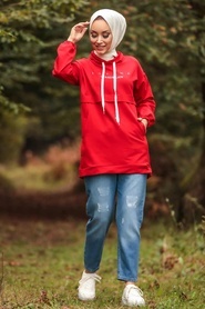Neva Style - Cepli Kırmızı Tesettür Sweatshirt & Tunik 1385K - Thumbnail