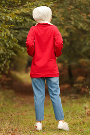 Neva Style - Cepli Kırmızı Tesettür Sweatshirt & Tunik 1385K - Thumbnail