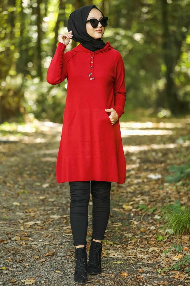 Neva Style - Cepli Kırmızı Tesettür Triko Tunik 16109K - 1