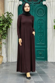 Neva Style - Cepli Koyu Kahverengi Tesettür Elbise 18130KKH - Thumbnail