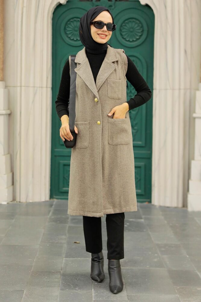 Neva Style - Cepli Koyu Vizon Tesettür Kaşe Yelek 5824KV - 3