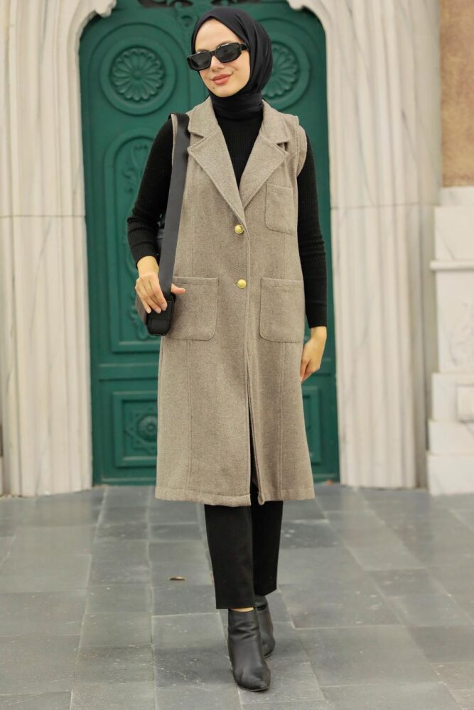 Neva Style - Cepli Koyu Vizon Tesettür Kaşe Yelek 5824KV - 1