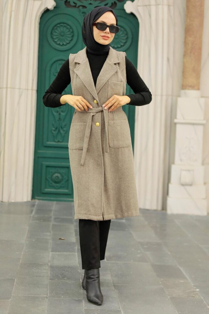 Neva Style - Cepli Koyu Vizon Tesettür Kaşe Yelek 5824KV - 2