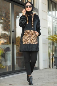 Neva Style - Leopar Detaylı Siyah Tesettür Kadife Sweatshirt & Tunik 41521S - Thumbnail