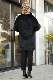 Neva Style - Leopar Detaylı Siyah Tesettür Kadife Sweatshirt & Tunik 41521S - Thumbnail