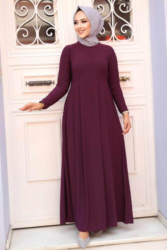 Neva Style - Cepli Mürdüm Tesettür Elbise 18130MU - 2