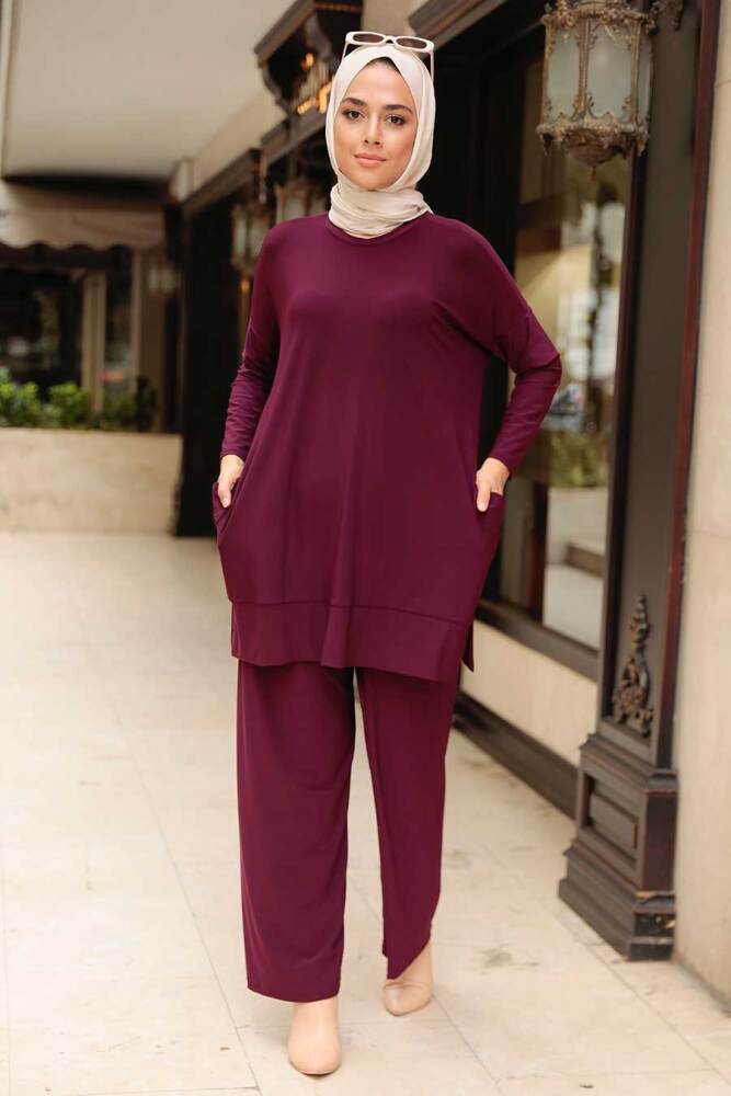 Neva Style - Cepli Mürdüm Tesettür İkili Takım 50150MU - 1