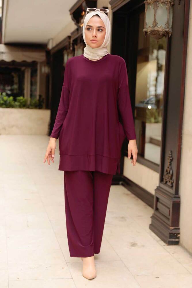 Neva Style - Cepli Mürdüm Tesettür İkili Takım 50150MU - 2