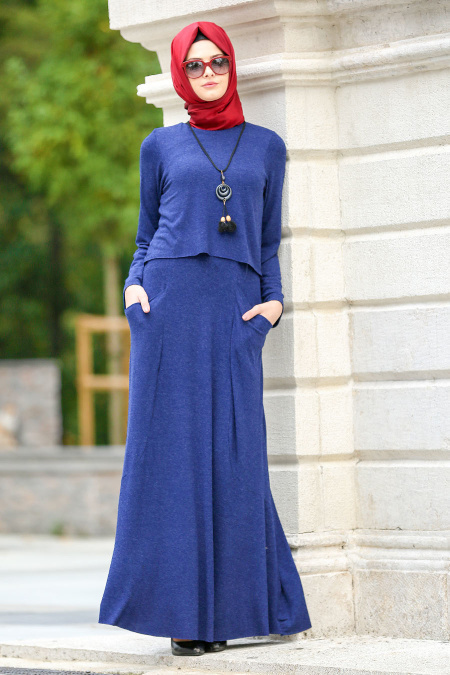 Neva Style - Cepli Petrol Mavisi Tesettür Elbise 31050PM