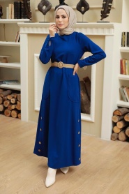 Neva Style - Cepli Sax Mavisi Tesettür Elbise 5804SX - Thumbnail