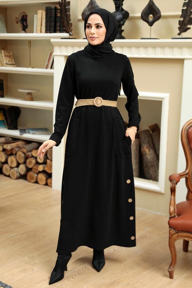 Neva Style - Cepli Siyah Tesettür Elbise 5804S - 2