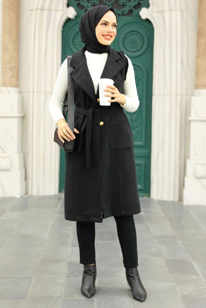 Neva Style - Cepli Siyah Tesettür Kaşe Yelek 5824S - 1
