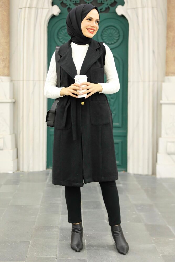 Neva Style - Cepli Siyah Tesettür Kaşe Yelek 5824S - 2