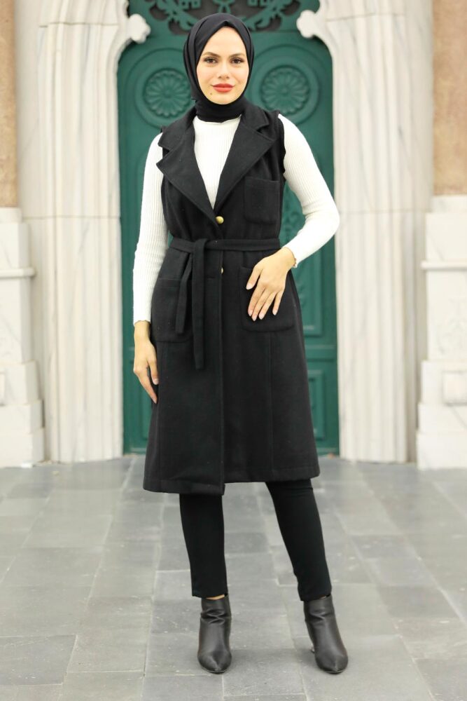 Neva Style - Cepli Siyah Tesettür Kaşe Yelek 5824S - 3