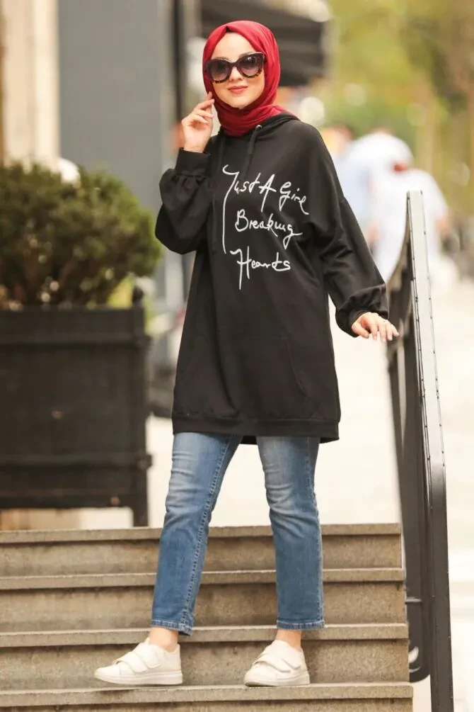  Cepli Siyah Tesettür Sweatshirt & Tunik 40390S - NEVA STYLE