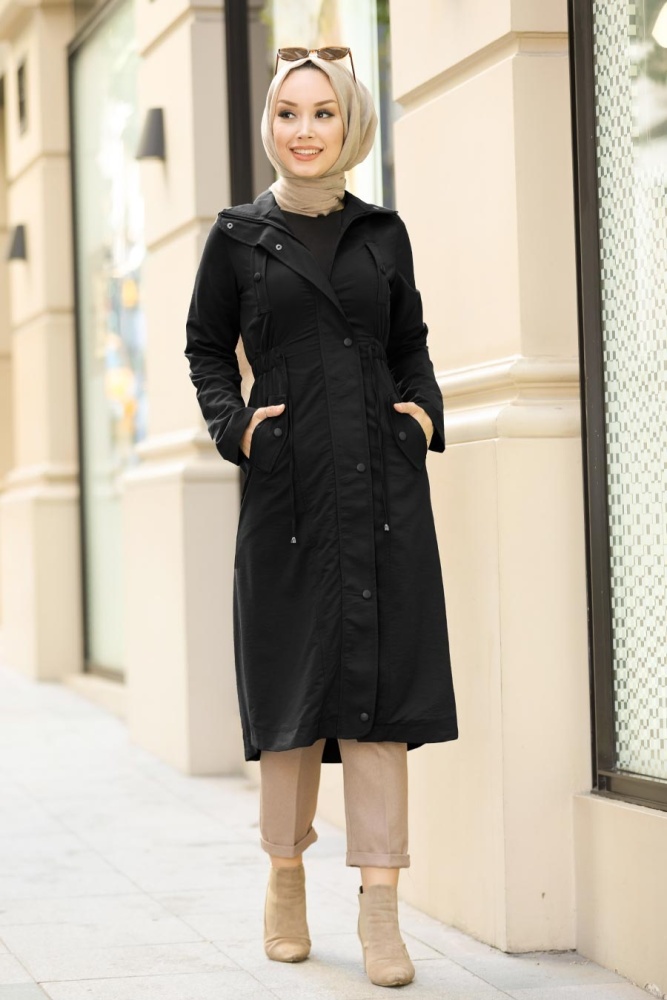 Neva Style - Cepli Siyah Tesettür Trençkot 8866S - 1