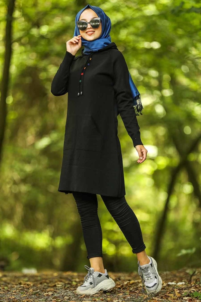 Neva Style - Cepli Siyah Tesettür Triko Tunik 16109S - 1