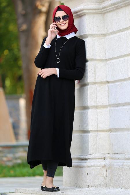 Neva Style - Cepli Siyah Tesettür Triko Tunik 2740S - 2