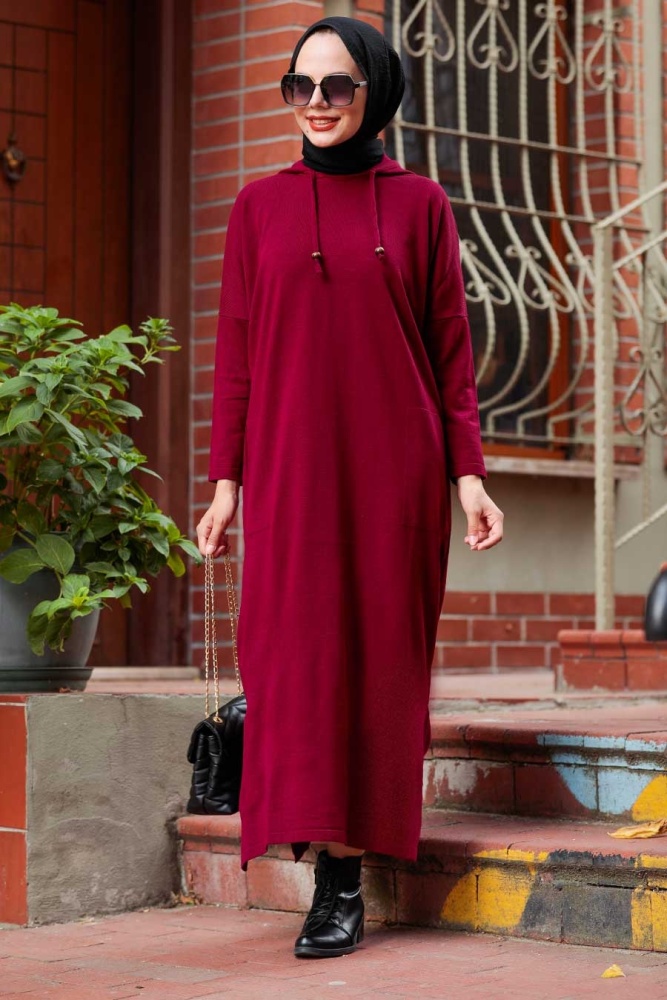 Neva Style - Cepli Triko Bordo Tesettür Elbise 3121BR - 1