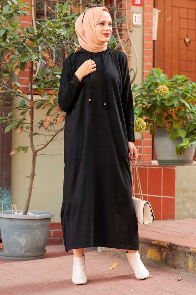 Neva Style - Cepli Triko Siyah Tesettür Elbise 3121S - 1