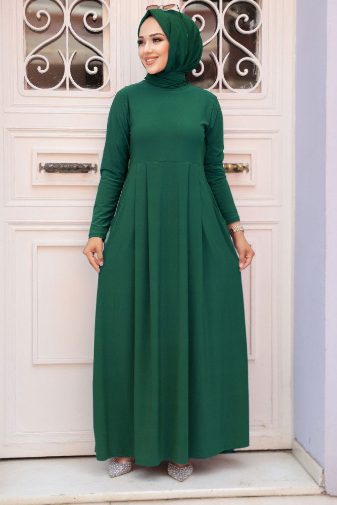 Neva Style - Cepli Zümrüt Yeşili Tesettür Elbise 18130ZY - 1