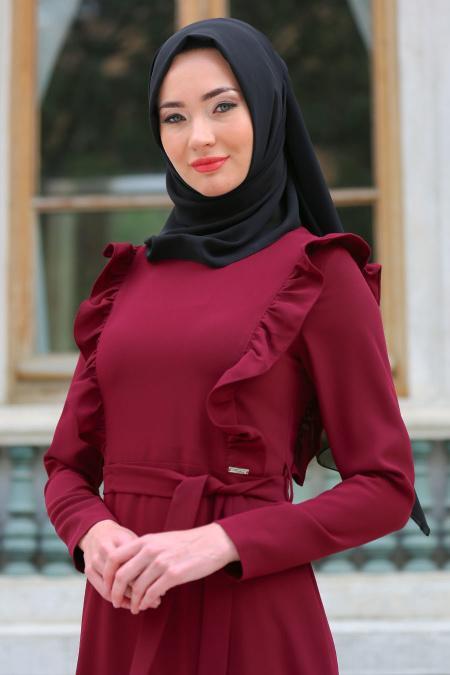 Yakası Fırfırlı Vişne Tesettür Elbise 7204VSN - 3