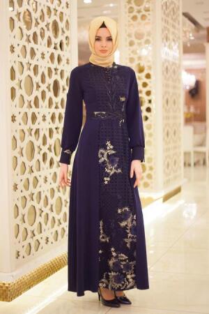 Neva Style - Çiçeği Üç Boyutlu Lacivert Tesettür Abiye Elbise 5352L - 1