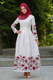 Neva Style - Çiçek Baskılı Kırımızı Tesettür Elbise - 175350K - Thumbnail