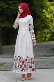 Neva Style - Çiçek Baskılı Kırımızı Tesettür Elbise - 175350K - Thumbnail