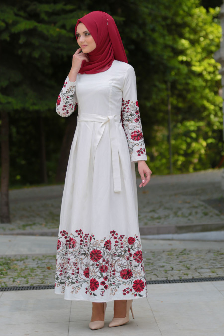 Neva Style - Çiçek Baskılı Kırımızı Tesettür Elbise - 175350K