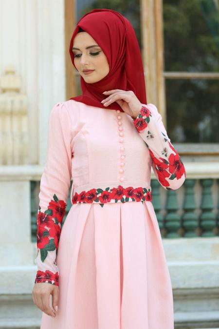 Neva Style - Çiçek Baskılı Somon Tesettür Elbise-7739SMN - 2