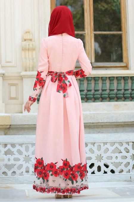 Neva Style - Çiçek Baskılı Somon Tesettür Elbise-7739SMN - 3