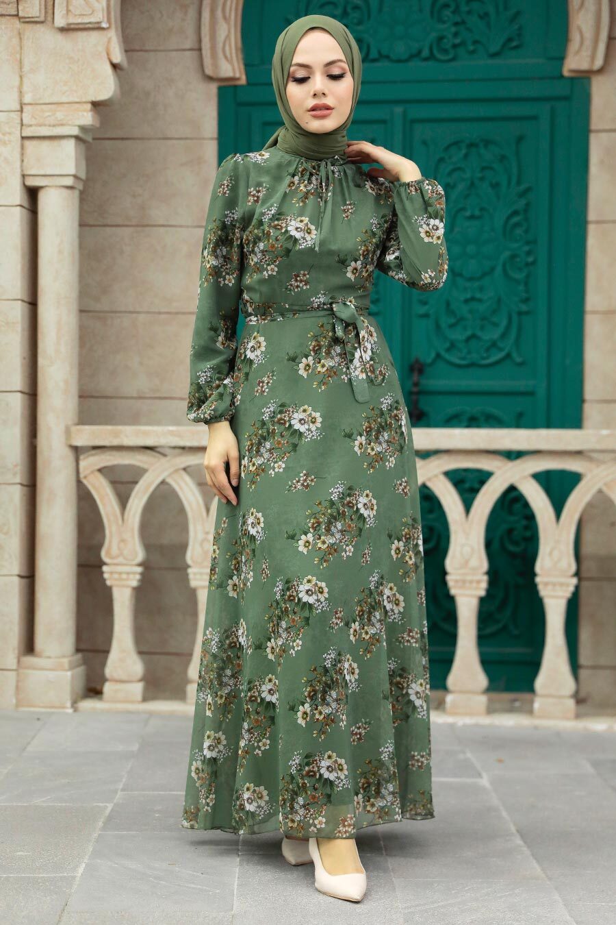 Neva Style - Çiçek Desenli Haki Tesettür Elbise 279082HK