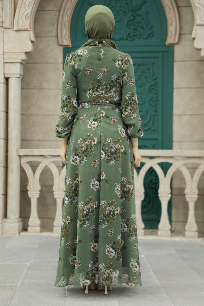 Neva Style - Çiçek Desenli Haki Tesettür Elbise 279082HK - 2