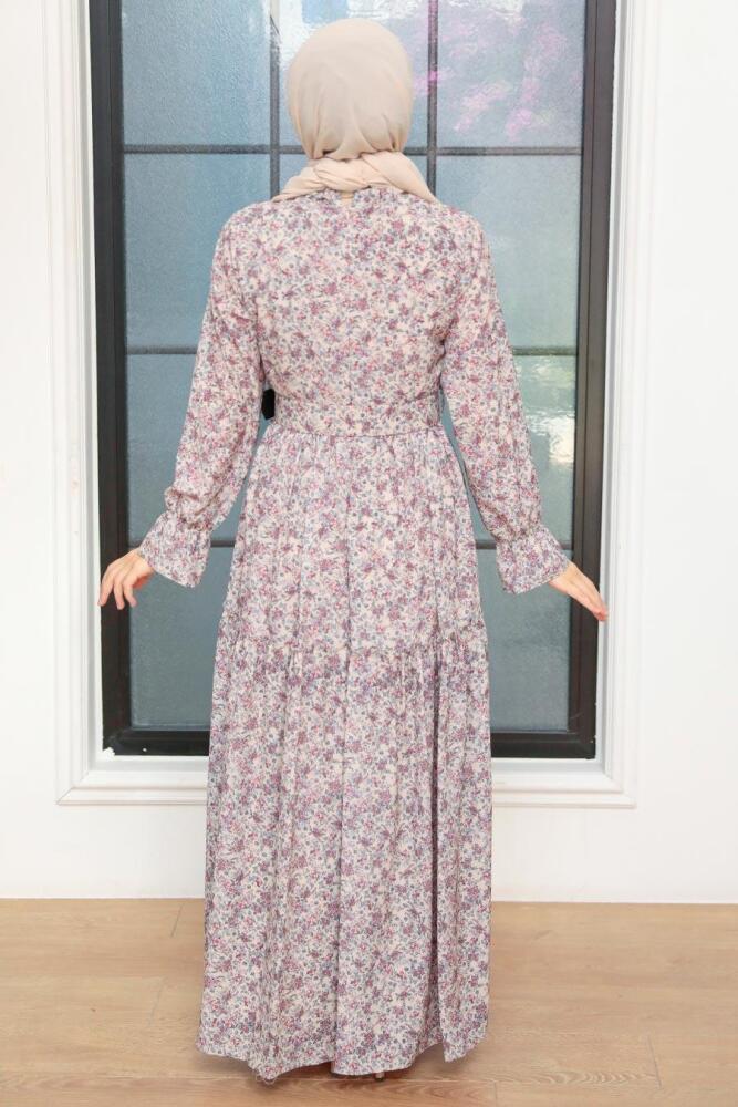  Çiçek Desenli Bej Tesettür Elbise 11601BEJ - 2