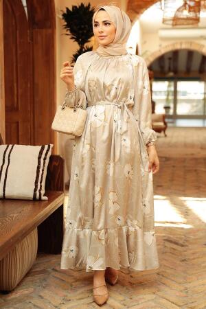 Neva Style - Çiçek Desenli Bej Tesettür Elbise 22770BEJ - 1