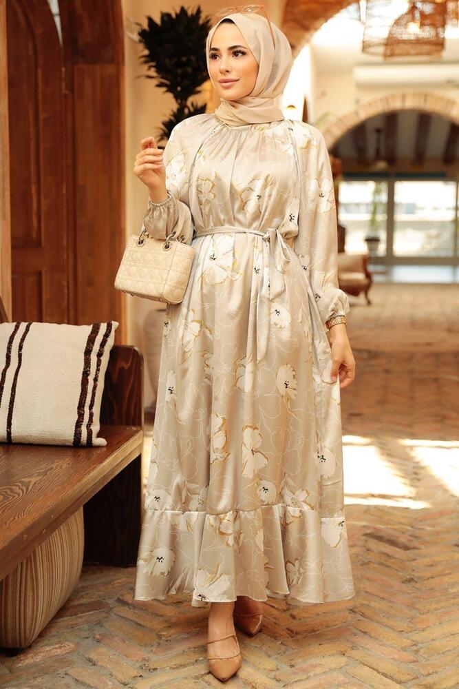 Neva Style - Çiçek Desenli Bej Tesettür Elbise 22770BEJ - 1