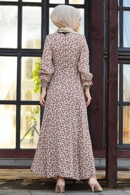 Neva Style - Çiçek Desenli Bej Tesettür Elbise 27612BEJ - Thumbnail