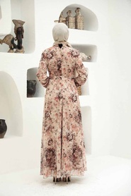 Neva Style - Çiçek Desenli Bej Tesettür Elbise 279053BEJ - Thumbnail