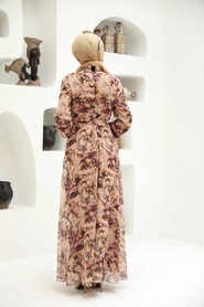 Neva Style - Çiçek Desenli Bej Tesettür Elbise 279057BEJ - Thumbnail